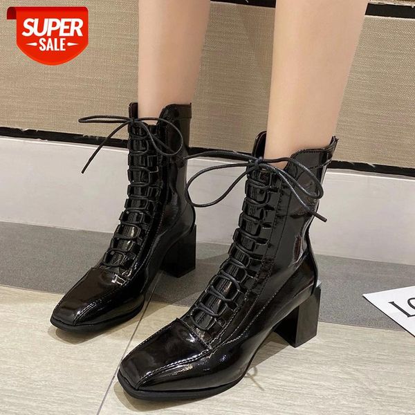 

lucyever patent leather high heels boots women fashion cross strap square toe mid calf boots woman vintage botas mujer 2020 #t01u, Black
