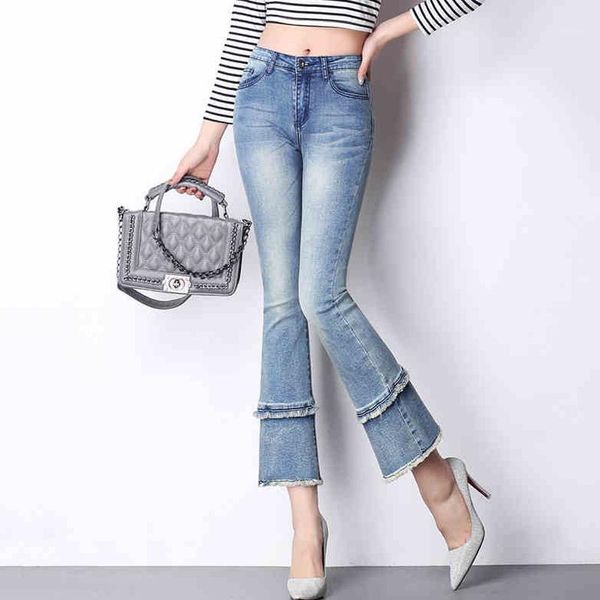 

guoran} high waist women 2020 summer flare jeans pants ankle length plus size female denim jeans trousers boy friend loose pant1, Blue