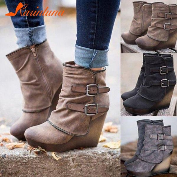 

karin 2020 new arrivals big size 43 zip up ankle boots woman shoes platform wedge high heels concise fashion boots female, Black