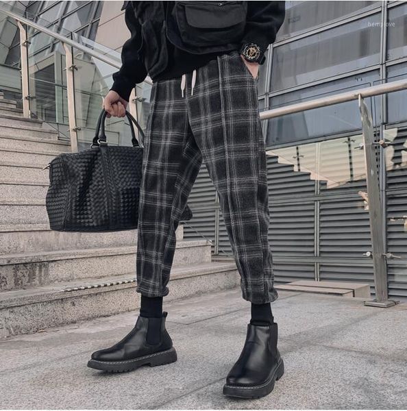 

men's casual slim-fit harem pants autumn and winter new korean style trendy men all-match plaid trousers1, Black