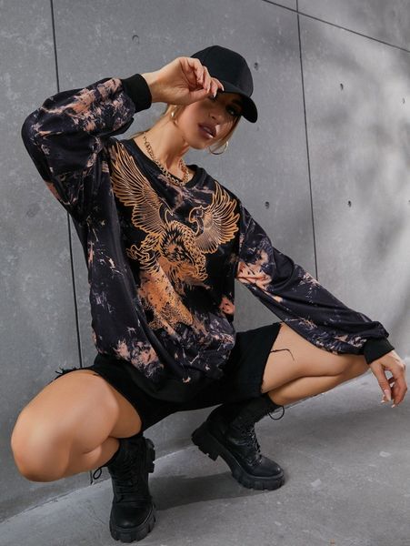 

tie dye and eagle print drop shoulder sweatshirt f2ua#, White;black