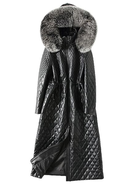 

female 2020 jacket with real fox fur collar, long lambskin coat, leather jackets, genuine wedgie park ys0p, Black