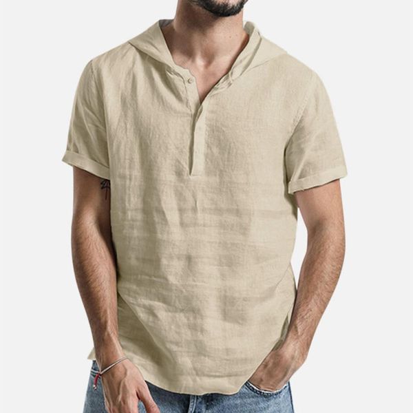 

2020 new summer short-sleeved shirts men 100% linen khaki slim fit plus size hooded shirt white khaki blue, White;black