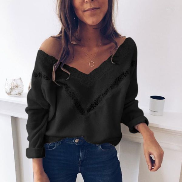 

home office lace stitching casual warm long sleeve v neck oversized women knitted sweater autumn winter daily hollowed out soft1, White;black