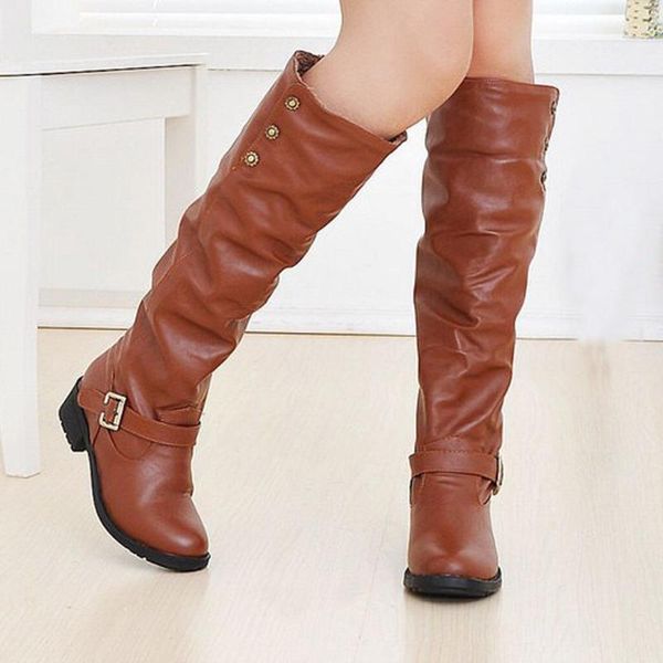 

shoes women's boots high heel winter and autumn women ladies retro low-heeled shoes buckle add cotton long tube knight boots1, Black