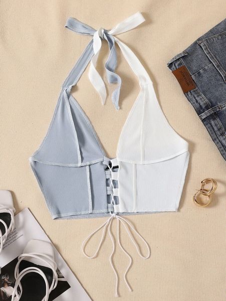 

colorblock lace up front halter i9hq#, White