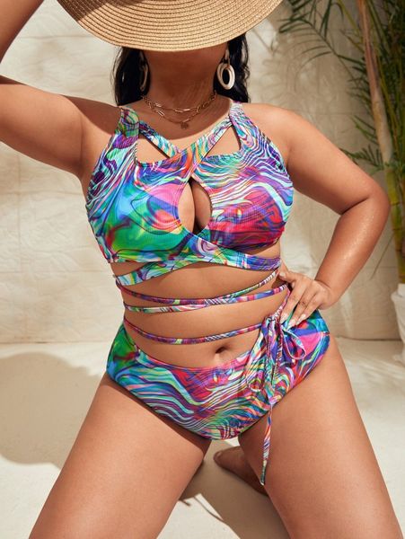 

plus allover print rib criss cross high waisted bikini swimsuit y796#, Black