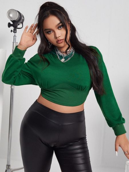 

plus solid drop shoulder crop hoodie n78u#, Black