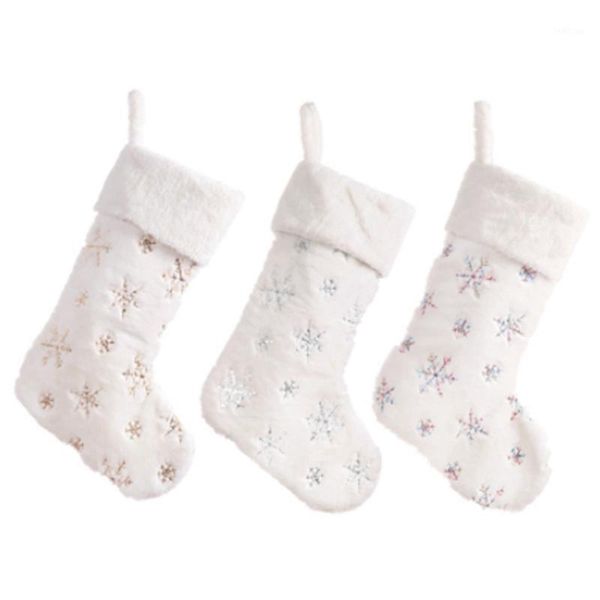 

3pcs snowflakes embroidered white plush christmas stockings gifts bag1