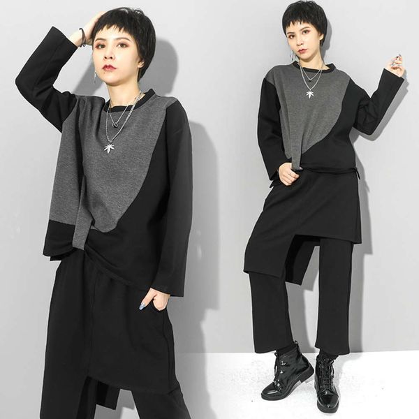 

long individual color contrast stitching irregular sleeve t-shirt casual versatile loose women's fashion pullover top, Black;gray