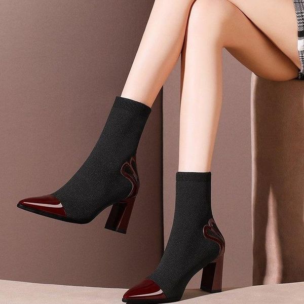 

heel appliques black brown ankle high heel party boots women winter 2020pointed toe thick sock boots elegant booties