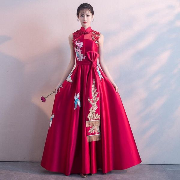 

ethnic clothing embroidery mandarin collar long stage show cheongsam dress vestidos chinos oriental qipao evening gowns classic party, Red