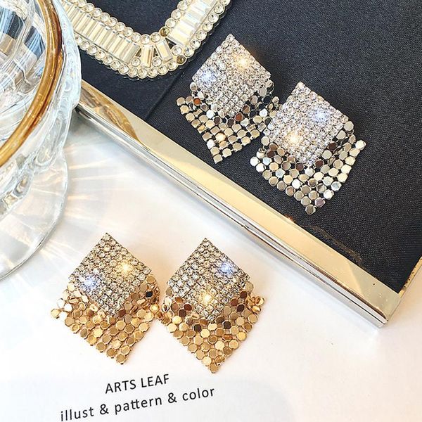 

aensoa 2021 new rhinestone gold color sequins tassel square stud earrings for women fashion jewelry gifts, Golden;silver