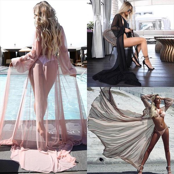 

women chiffon white see through bikini cover up swimsuit swimwear beach shirt anklet length beach bathing suit 2019 hot