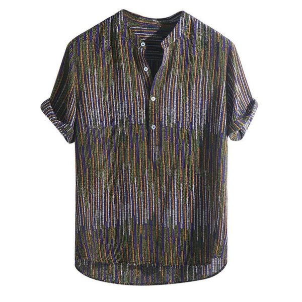 

summer men shirt ethnic printed stand collar colorful stripe short sleeve loose henley shirt camisas hombre koszula hawajska, White;black