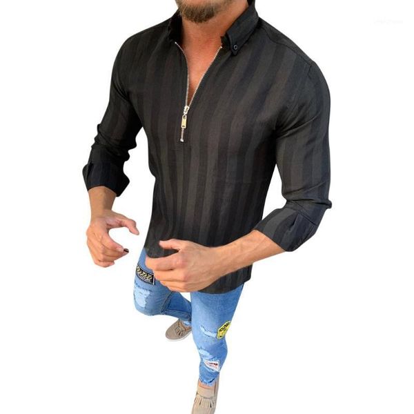 

2020 men striped long sleeve zipper shirts male casual business fit blouse slim loose shirts hauts pour hommes plus size1, White;black