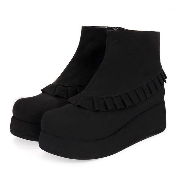 

boots sweet lolita winter ankle black/brown velvet platform with ruffle trim1
