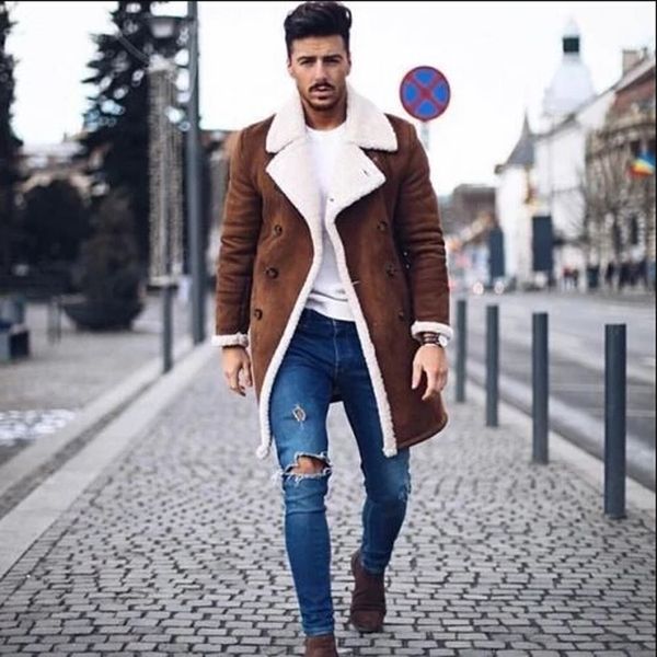 Jaquetas masculinas Faux Fur Fleece Faux Jaqueta de Couro Homens Inverno Brown Camurça Jaqueta Quente Bomber Casacos Longos Masculino Outwear Engrossar Jaqueta Plus Size C1120