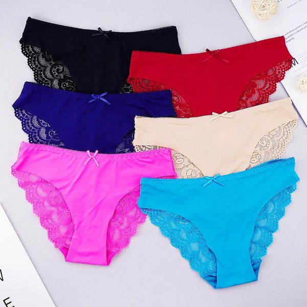 

women's panties women lady lace briefs 6pcs/pack seamless female shorts back hollow out see through underpants bow ice silk -xl, Black;pink