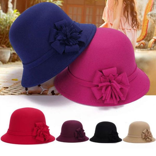 

new winter autumn spring ladies women girls vintage imitation wool formal hat felt bowler fedoras cap for woman, Blue;gray
