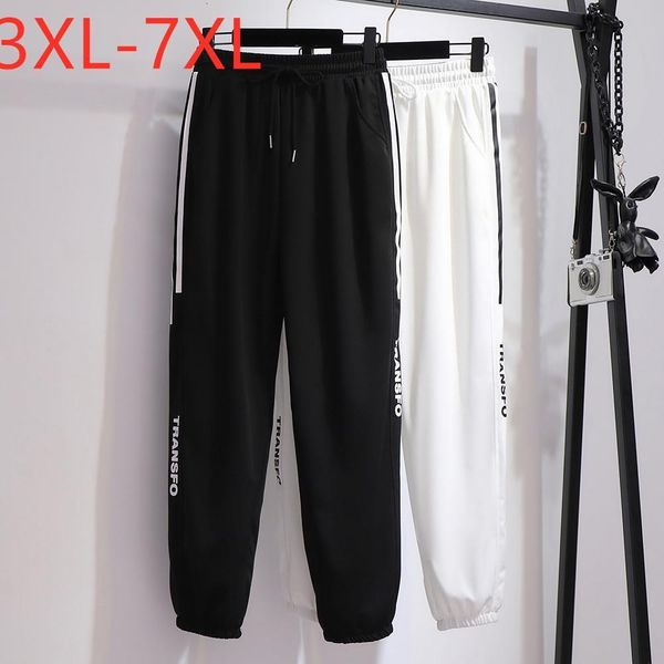 

new spring autumn plus size sports pants for women large loose casual black pocket stripe long trousers belt 4xl 5xl 6xl 7xl, Black;white