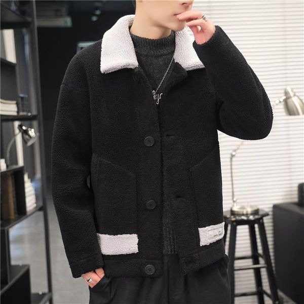 

2020 autumn and winter new style men casual contrast color thinened berber fleece fold-down collar jacket teenager slim fit coat, Black