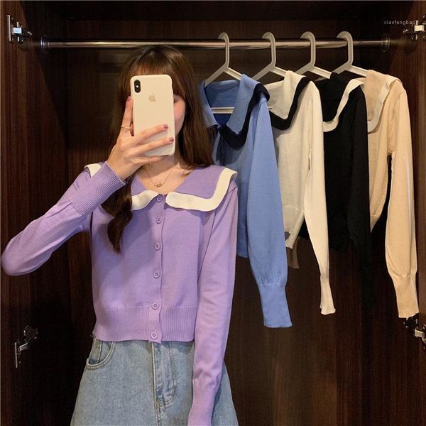 

cute baby collar color contrast knitted cardigan women's short high waist loose thin long sleeve sweater1, White