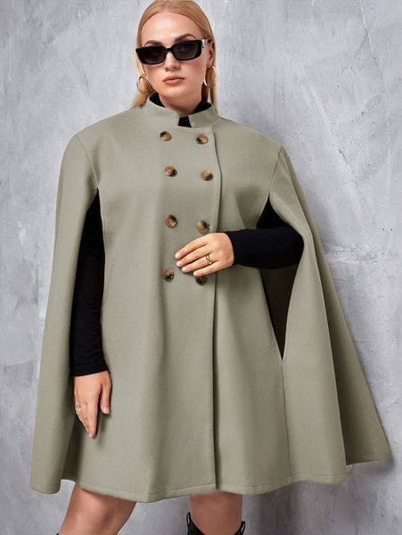 

plus double breasted cloak sleeve overcoat 433r#, Black