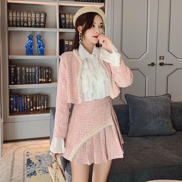 

short beaded jacket + pleated skirt 2 pieces sets, White