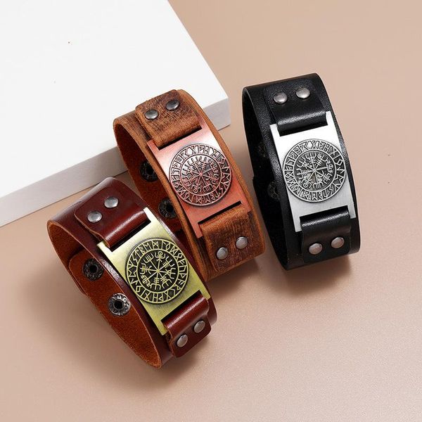 

bangle vintage viking compass genuine leather bracelet for man nordic runes odin symbol wrap jewelry accessories gift, Black