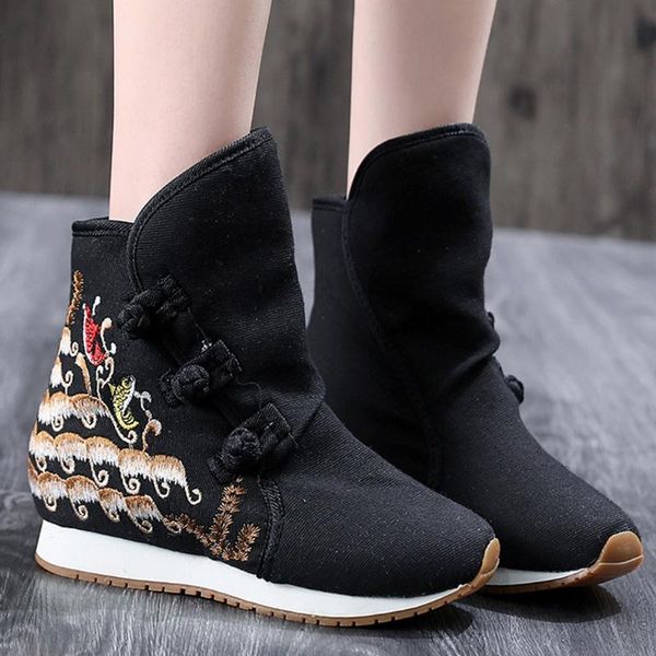 

fashion women wedges boots female embroidered canvas ankle boots sports buckle strap shoes ladies height increasing casual, Black