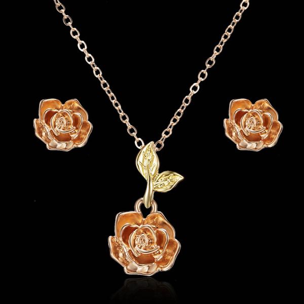 

factory direct sale rose pendant necklace earring set korean simple jewelry, Silver