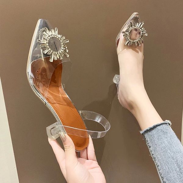 

women crystal pointed toe sandals transparent jelly shoes high heels ladies fashion casual slip on outside female footwear #pb35, Black
