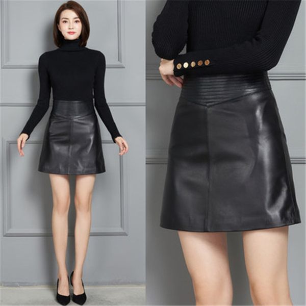

2021 new fashion genuine real sheep leather skirt k11, Black