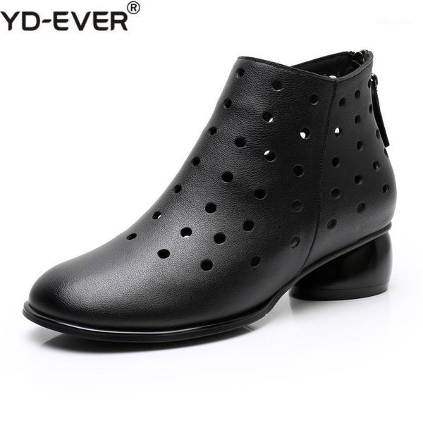 

boots 2021 summer ankle genuine leather shoes women med high heel back zipper cutout breathable mujer zapatos1, Black