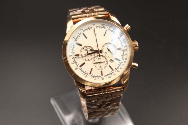 

1884 rose gold men's watch white dial quartz chronograph 44mm sapphire men's fashion watch, Slivery;brown