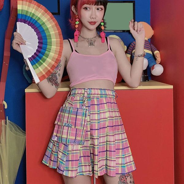 

women plaid a-line casual kawaii skirt cute pockets pleated high waist skirts chain print above knee design sweet skirts, Black