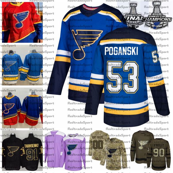 

2021 reverse retro customize 53 austin poganski st. louis blues champions hockey jersey golden edition camo veterans day fights cancer, Black;red