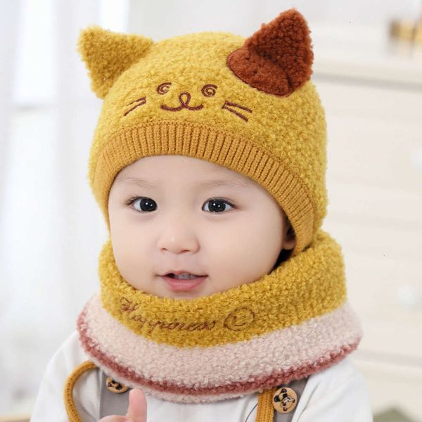 

warm baby winter cartoon cat two piece bib cute korean children's knitted hat, Red;brown