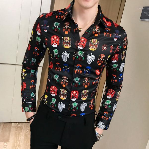 

2020 retro floral printed man casual shirts fashion classic men dress shirt breathable men's long sleeve brand clothing s-3xl1, White;black