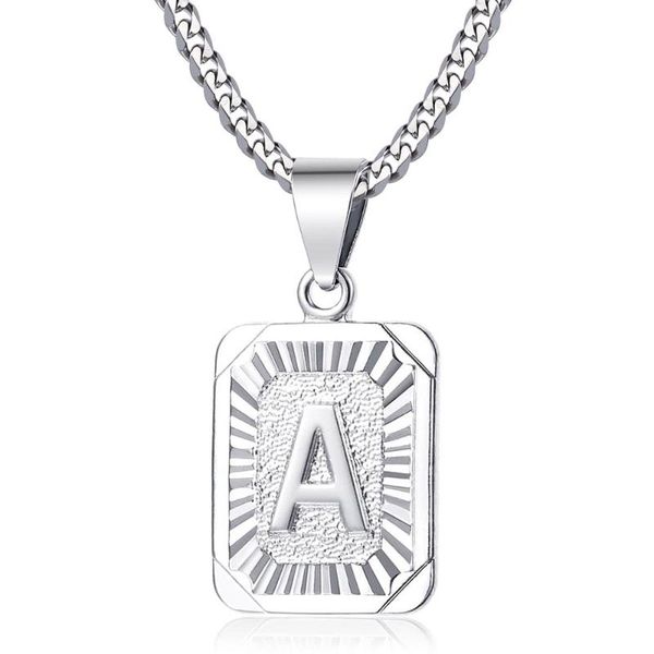 

pendant necklaces silver color initial letter square necklace for women men 3mm stainless steel cuban link chain wholesale lgp118