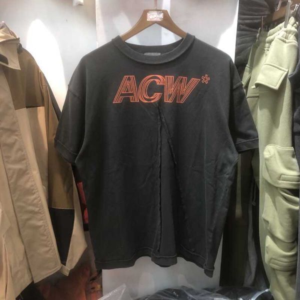 

2022 summer tide brand ragged stitching printing washed old fake two men's loose t-shirts, White;black