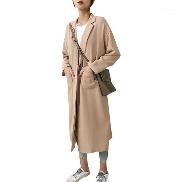 

ms. spring and autumn windbreaker jacket new fashion no buckle slim temperament long section of loose women windbreaker jacket1, Tan;black