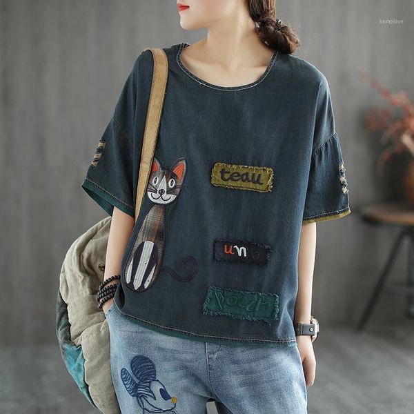 

summer literary new cartoon patch embroidery short jacket casual loose tencel denim short-sleeved t-shirt 20201, White