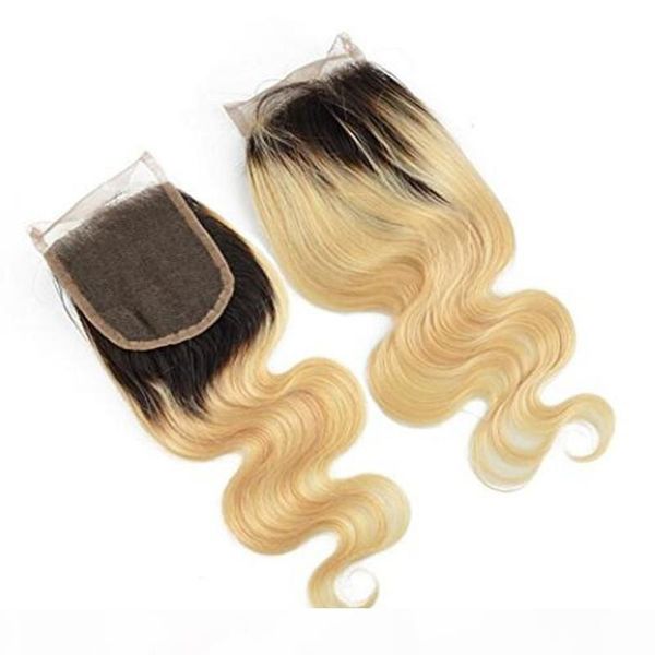 

dark roots 1b 613 ombre blonde brazilian human hair closure body wave 4" x 4" 130% denisty swiss lace closure, Black;brown