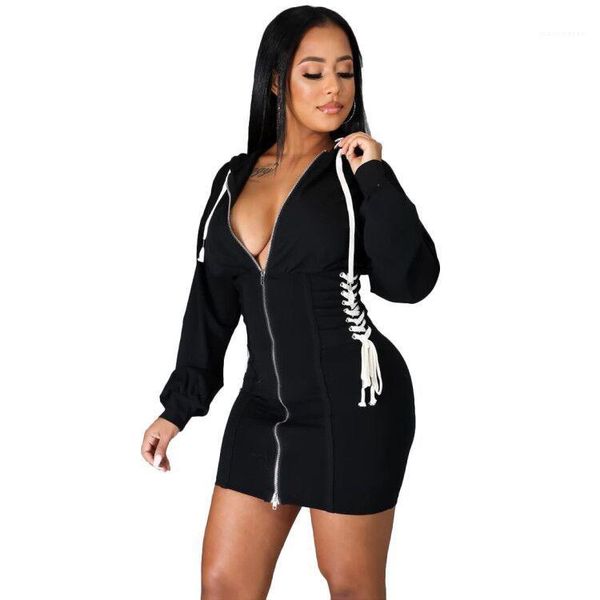 

color spring autumn long sleeve women designer dress casual clothing hooded zipper bandage womens dresses solid, Black;gray