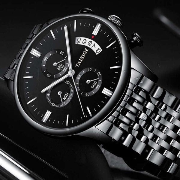 

taishijie leisure new needle fashion six three eye luminous quartz waterproof steel belt butterfly button men's watch auxc, Slivery;brown