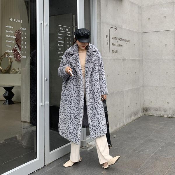 

2020 winter thick warm leopard long teddy fur coat women outerwear loose suit collar faux fur jacket female1, Black