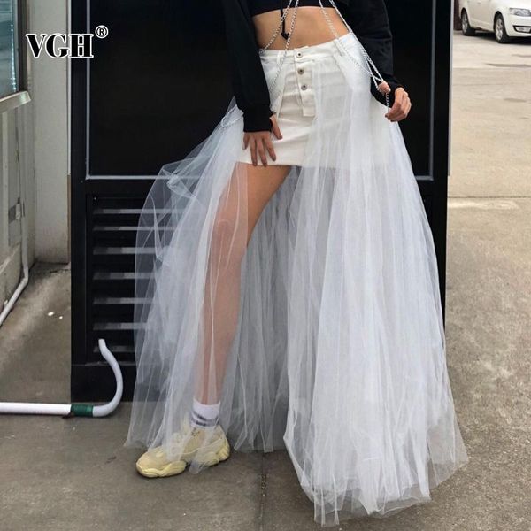 

vgh patchwork mesh skirt for women high waist white temperament perspective casual loose skirts female fashion clothing 2020 new, Black