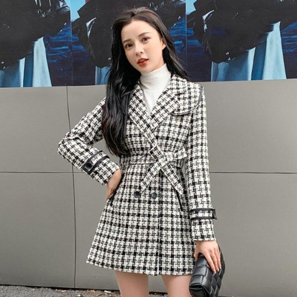 

women's wool & blends [ewq] 2021 winter female casual turn down collar long-sleeved minimalist panelled plaid lace up tweed woolen over, Black